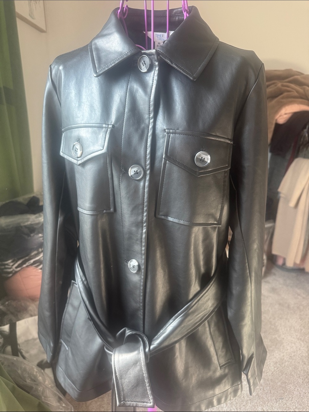 Time and Tru Women's Black Faux Leather Belted Jacket